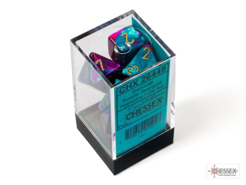 Chessex Gemini Purple-Teal/gold Black Light Reactive Polyhedral 7-Dice Set cover image