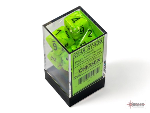 Chessex Vortex Bright Green/black Black Light Reactive Polyhedral 7-Dice Set cover image