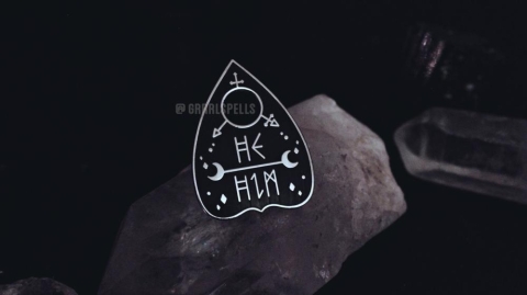 GRRRL Spells Planchette Pronoun Pin: Silver He/Him cover image