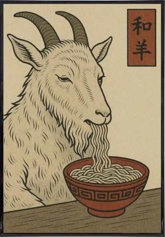 Shady Front Poster Print: Ukiyo-e Style — Goat Eating Noodles cover image