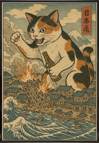 Shady Front Sticker: Ukiyo-e Style — Cat Destroying City cover image