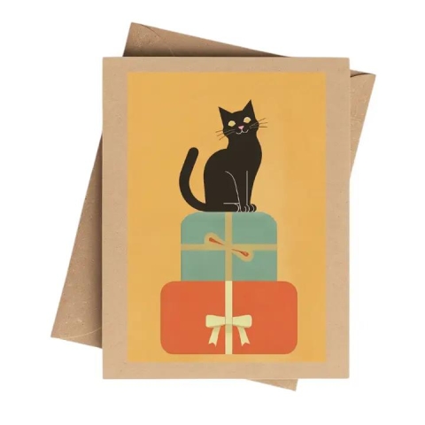 Cryptic Paper Co. Greeting Card: Black Cat & Christmas Presents cover image
