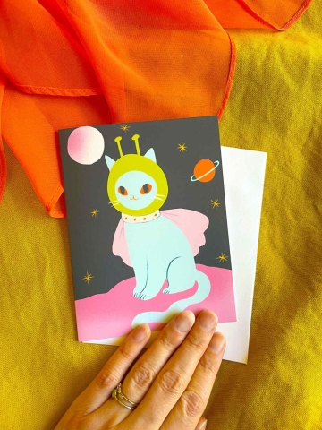 Bunny Dee Greeting Card: Blue Alien Cat with Helmet cover image