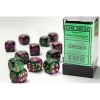 Chessex 16mm 12d6 Dice Block: Gemini (Black Light Reactive) - Green-Purple/Gold cover image